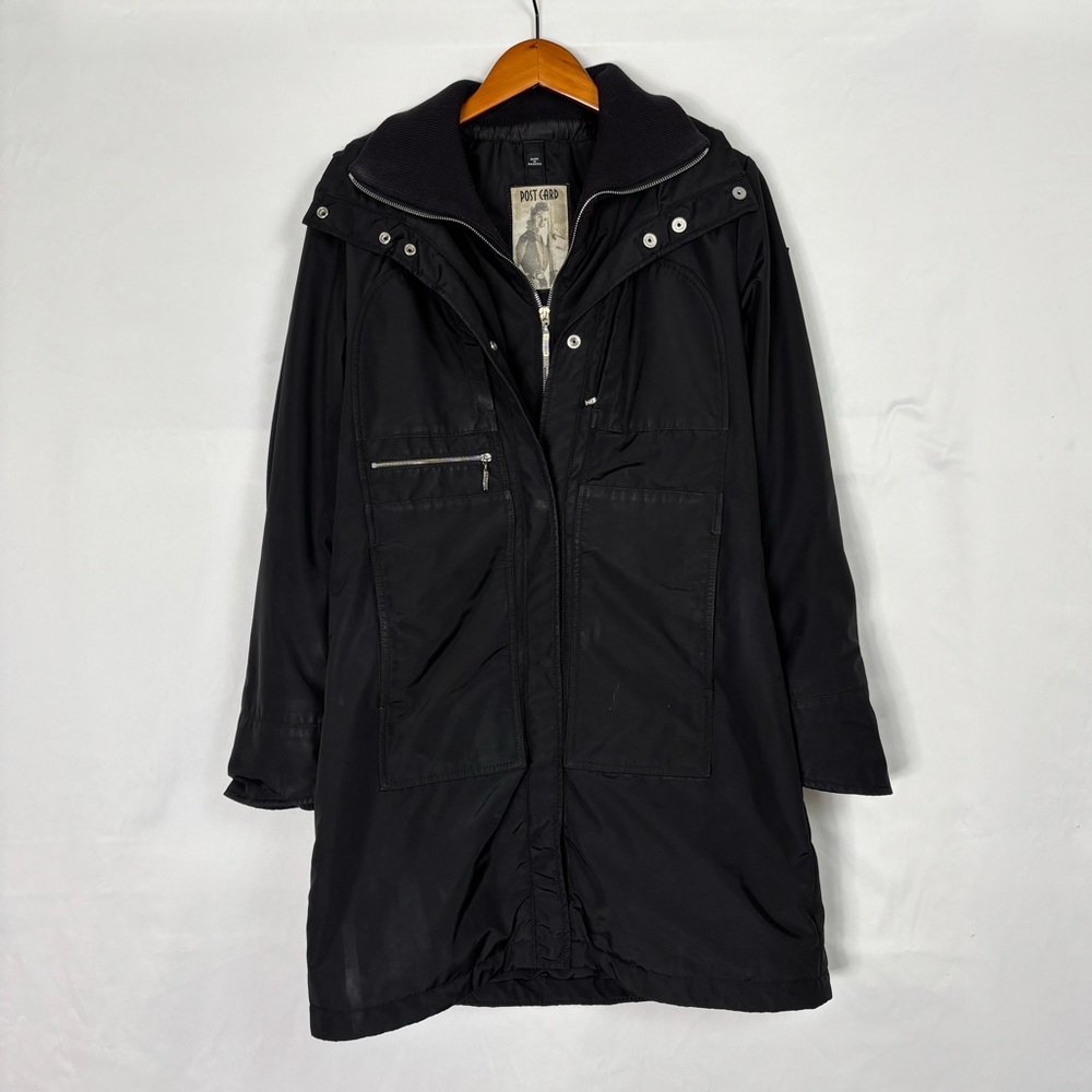 Post Card Long Coat‎ Hooded Black Button Up Layered Size 6 Romania